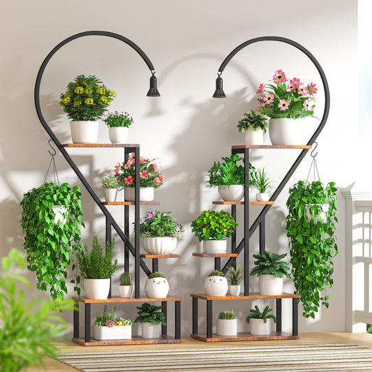 BACEKOLL Plant Stand Indoor with Grow Lights, 5 Tiered Metal Plant Stand for Indoor Plants Multiple, Large Plant Holder Display Shelf, Half Heart Shape Tall Plant Rack for Living Room, Patio, Balcony - Plantonio