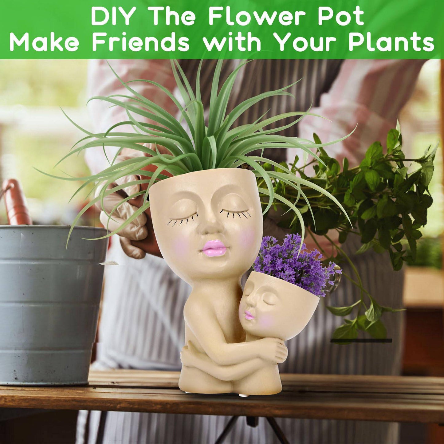 DAMEING Face Planters Pots Head, Mom Gift Flower Pots for Indoor & Outdoor Plants, Resin Succulent Face Planter with Drainage Hole, Cute Double Head Face Pot in One - Gift for Mommy - Plantonio