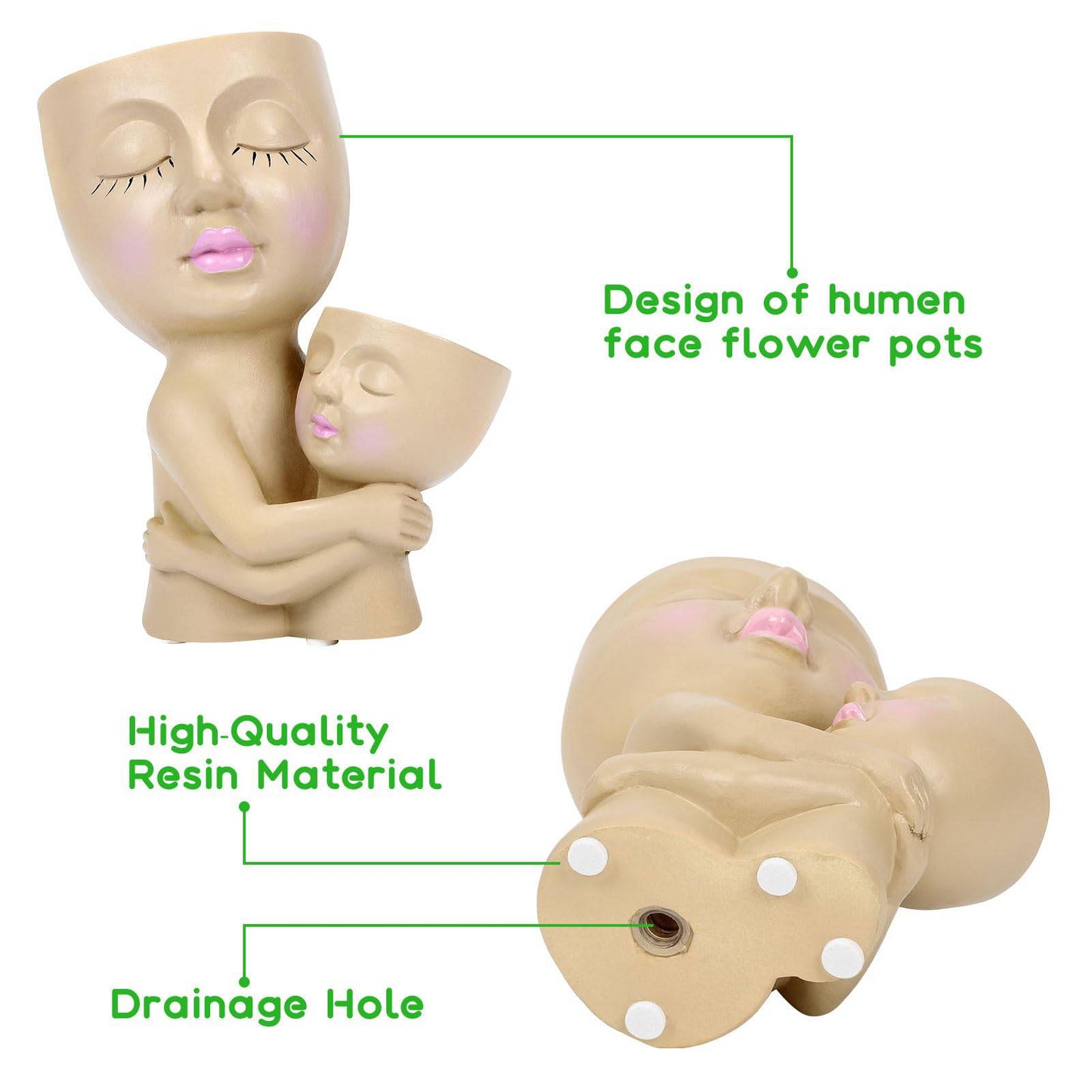 DAMEING Face Planters Pots Head, Mom Gift Flower Pots for Indoor & Outdoor Plants, Resin Succulent Face Planter with Drainage Hole, Cute Double Head Face Pot in One - Gift for Mommy - Plantonio