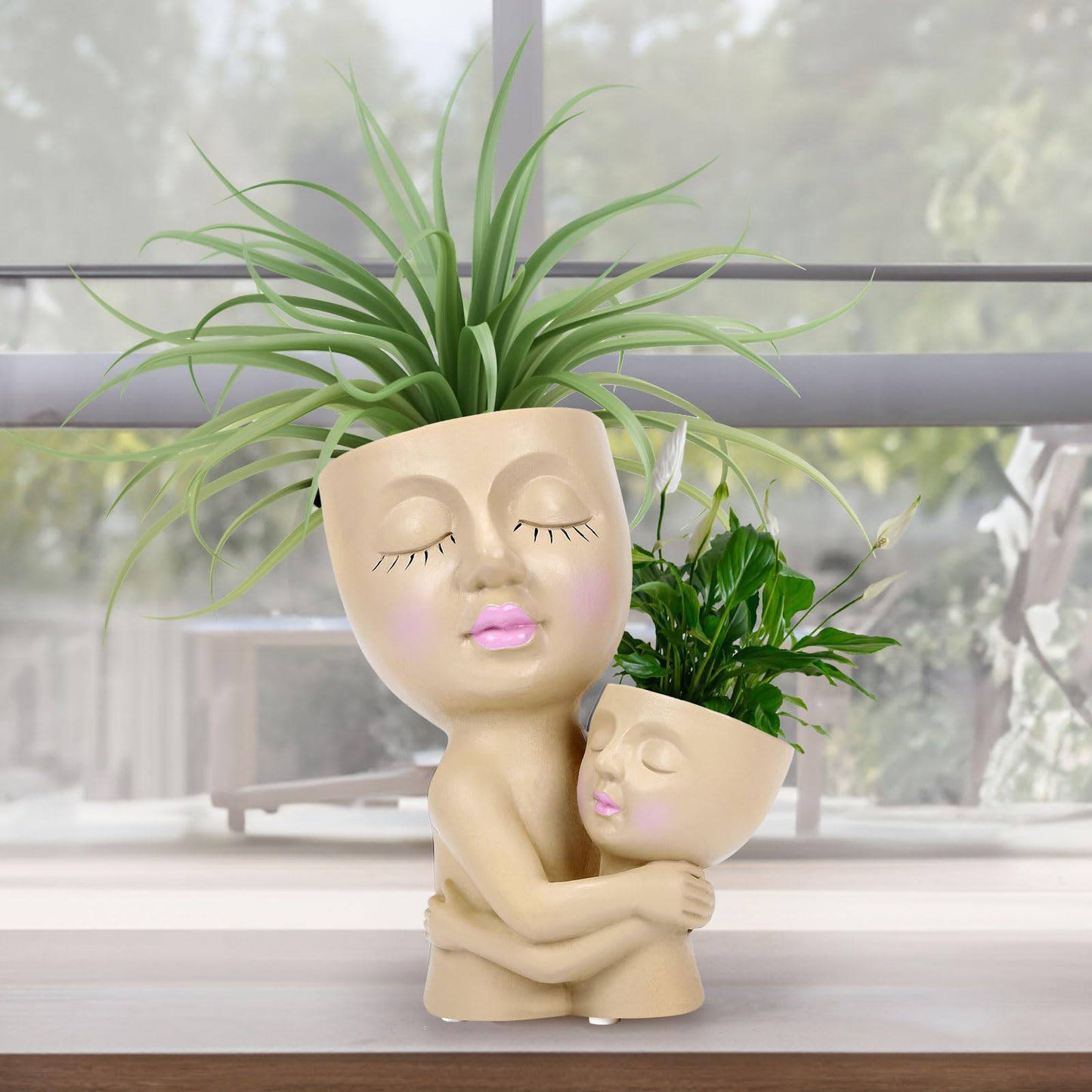 DAMEING Face Planters Pots Head, Mom Gift Flower Pots for Indoor & Outdoor Plants, Resin Succulent Face Planter with Drainage Hole, Cute Double Head Face Pot in One - Gift for Mommy - Plantonio