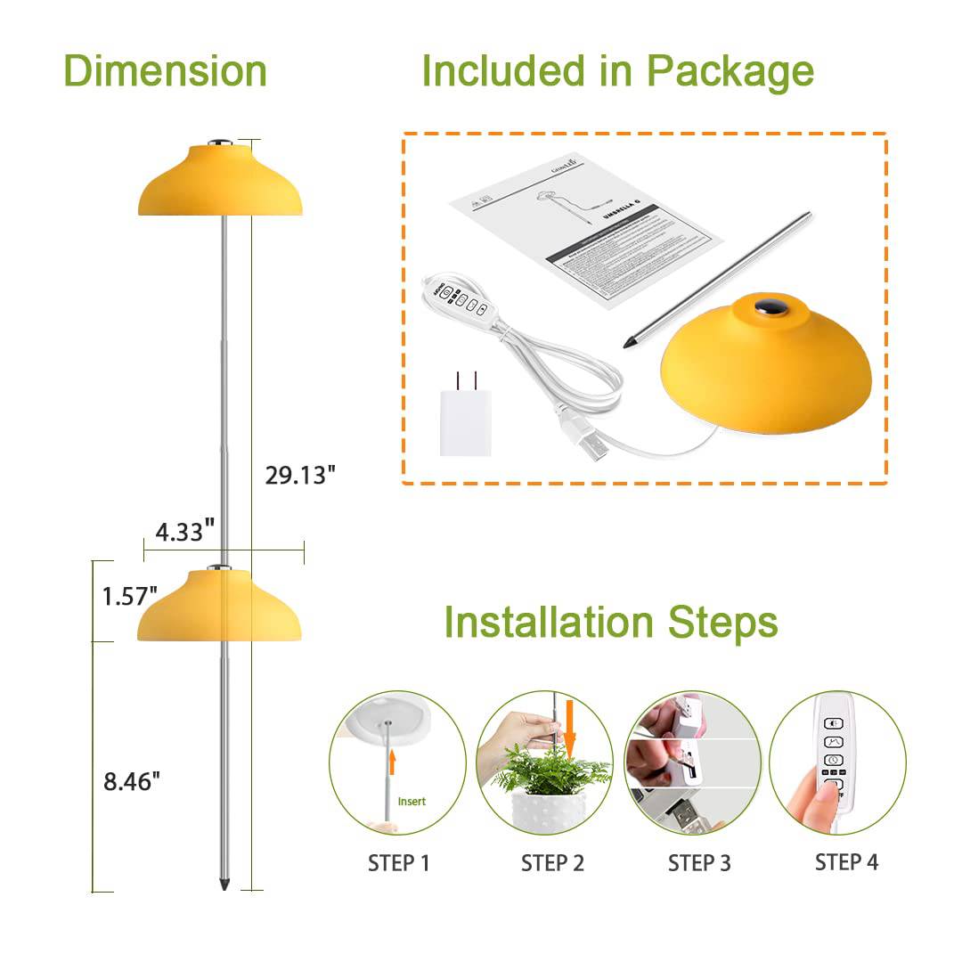 GrowLED LED Umbrella Plant Grow Light, Herb Garden, Height Adjustable, Automatic Timer, UL Adapter Included, Ideal for Plant Grow Novice Or Enthusiasts, Various Plants, DIY Decoration, Yellow - Plantonio