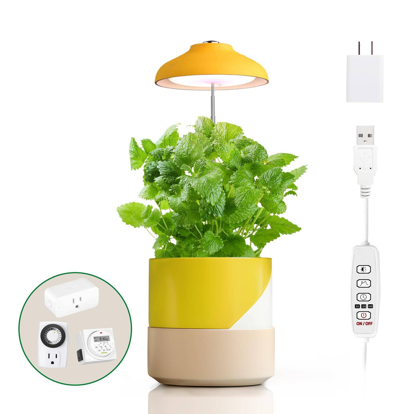 GrowLED LED Umbrella Plant Grow Light, Herb Garden, Height Adjustable, Automatic Timer, UL Adapter Included, Ideal for Plant Grow Novice Or Enthusiasts, Various Plants, DIY Decoration, Yellow - Plantonio