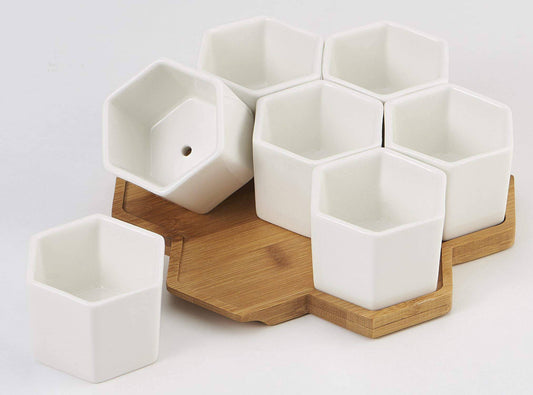 FLOWERPLUS Planter Pots Indoor, 7 Pack 2.75 Inch Modern White Ceramic Small Hex Succulent Cactus Flower Plant Pot with Bamboo Tray for Indoors Outdoor Office Home Garden Kitchen Decor (Hexagon) - Plantonio