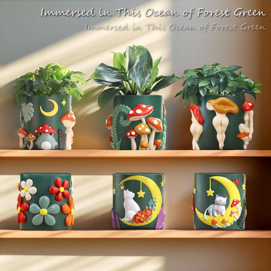 GUGUGO Colorful Flowers Planters Cute Unique Rainbow Planter with Drainage, Vintage Retro Flower Plant pots for Indoor Plants, Eclectic Succulent Gardening Pot for Boho Modern Home Décor-Dark Green - Plantonio